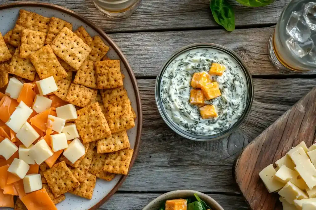 Spicy ranch crackers served with dips and cheese at a party