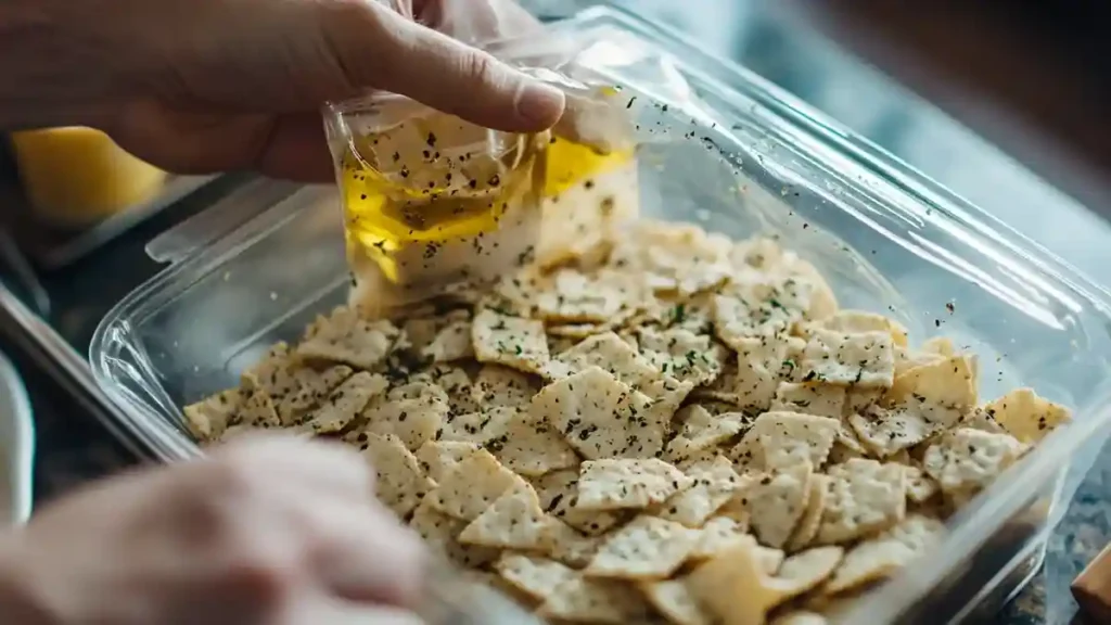 Coating crackers with zaatar in zip bag